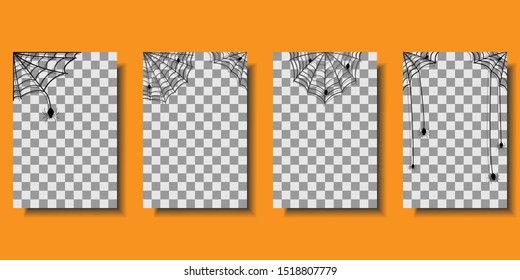 Halloween cobweb with spiders in corners, isolated on transparent background. Cobweb set for scary design. Vector illustration

