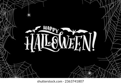 Halloween cobweb and spiders holiday background with bats and spiderweb, cartoon vector Happy Halloween greeting card and trick or treat party poster with creepy spooky spiders and spiderweb corners