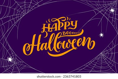 La telaraña de Halloween con arañas marco vectorial borde de la espeluznante tarjeta de vacaciones nocturna. Cartel de la fiesta de Halloween con rincones de adoquines espeluznantes, siluetas blancas de insectos de araña e hilos web