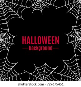 Halloween cobweb white vector frame on Black background. Spooky illustration for use in design. 