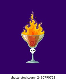 Cóctel de Halloween en llamas con fuego parpadeante, combina ingredientes misteriosos y especias. Vector de dibujos animados aislado hechizante, caliente, encantador brebaje para encender celebraciones espeluznantes