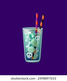 Halloween cocktail adorned with ice and garnished with eerie skull and bone-shaped decorations, exudes spooky vibes for ghoulishly delightful drink. Isolated cartoon vector chilling bar menu beverage