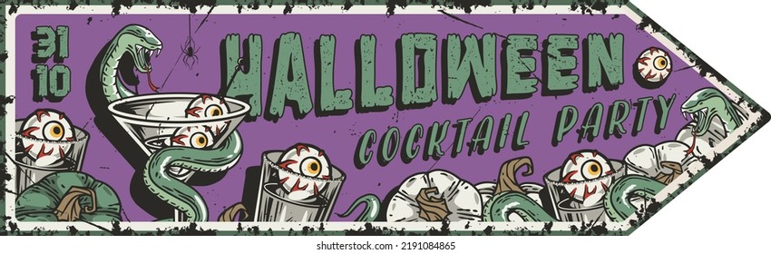 Halloween cocktail cemetery party poster with eye, snake and martini