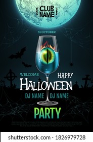 Halloween cocktail disco party poster with realistic transparent cocktail glass and burning eye inside.