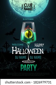 Halloween cocktail disco party poster with realistic transparent cocktail glass and burning eye inside.