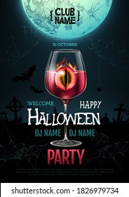 Halloween cocktail disco party poster with realistic transparent cocktail glass and burning eye inside.