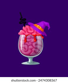 El cóctel de Halloween cuenta con un cerebro sangrante, completo con un sombrero de bruja y paja, creando una bebida escalofriante y deliciosa. Vector de dibujos animados aislado espeluznante bar menú bebida para espeluznante noche de fiesta