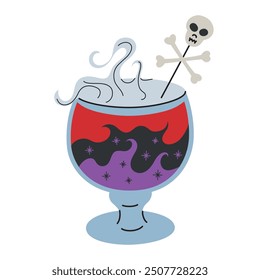 Halloween cocktail icon, vector illustration of steaming witch brew in cauldron glass, layered shimmering drink with dry ice, garnished with scull and bones, scary decor for themed parties