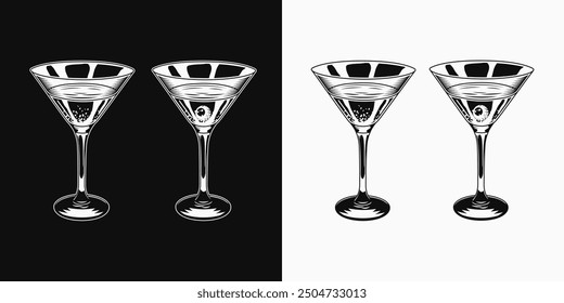 Halloween cocktail in martini glass with eyeball. Poison potion. Black and white illustration. Vintage style