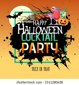 Halloween cocktail party poster with jack o lantern pumpkin and full moon. Halloween background