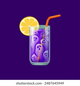 Halloween cocktail, spooky ghostly elixir. Isolated cartoon vector party drink features a mysterious, dark purple potion garnished with ghosts, offering a chilling and deliciously haunting experience