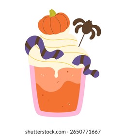 Halloween cocktail with whipped cream, chewy worms, and pumpkin