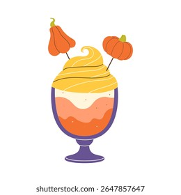 Halloween cocktail with whipped cream and pumpkin decorations
