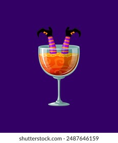 Halloween cocktail with a witch legs adorned with striped stockings and boots with buckles sticking out the orange bubbling liquid, Isolated cartoon vector chilling drink, spooky bar menu beverage