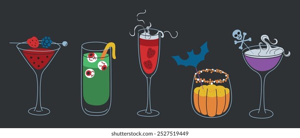 Colección de cócteles de Halloween, Ilustraciones vectoriales en estilo plano de dibujos animados. Bebidas espeluznantes con ojos, cráneo, murciélago. Parche de calabaza, martini, ponche festivo para decoración de fiestas y celebraciones de Halloween