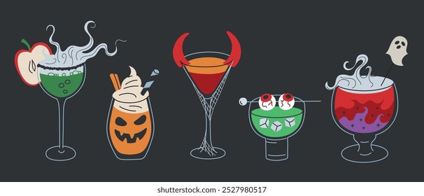 Coleção de coquetéis de Halloween, ilustrações vetoriais em estilo de desenho animado plano. Bebidas assustadoras com fantasma, olho. Mancha de abóbora, martini, soco de maçã festiva para decoração de festa e celebrações de Halloween