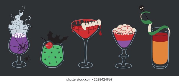 Halloween cocktails collection, vector illustrations in flat cartoon style. Spooky drinks with bat, spider web, vampire teeth. Martini, festive punch, withc brew for party decor, Halloween celebration