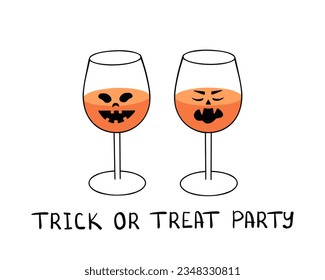 Halloween cocktails, drinks, spooky faces. Trick or treat party. Vector Illustration for backgrounds and packaging. Image can be used for greeting cards and posters. Isolated on white background.