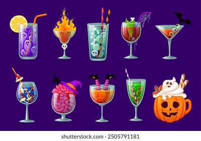 Halloween cocktails. Happy Halloween holiday, autumn season celebration, fall season witchcraft or horror party cocktail drinks glasses vector icons set with skulls, zombie fingers and brain, mushroom