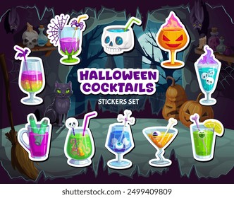 Halloween cocktails stickers pack. Cartoon vibrant patches set featuring drinks adorned with eerie skulls, eyeballs, spiders, and flames at spooky background with black cat, pumpkins and haunted house