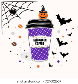 Halloween Coffee sign text over paper coffee cup with abstract coffee beans and halloween background vector illustration. Line design hand drawn coffee cup.