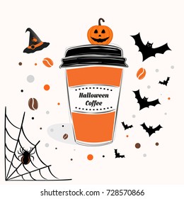 Halloween Coffee sign text over paper coffee cup with abstract coffee beans and halloween background vector illustration. Line design hand drawn coffee cup.