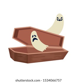 halloween coffin with ghosts isolated icon vector illustration design