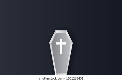 Halloween Coffin. Gray icon on blue dark background.Creative paper cut and craft scene place for your text. Sale vector with coffin and Holiday elements minimal graphic banner design illustration 