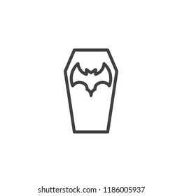 Halloween coffin outline icon. linear style sign for mobile concept and web design. Coffin with bat simple line vector icon. Symbol, logo illustration. Pixel perfect vector graphics