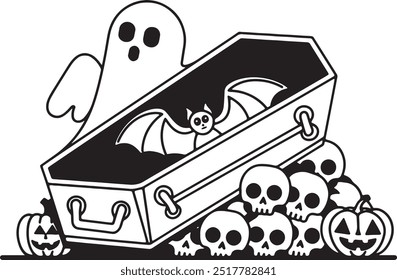 Halloween Coffin outline Vector illustration on white Background.