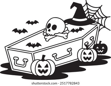 Halloween Coffin outline Vector illustration on white Background.