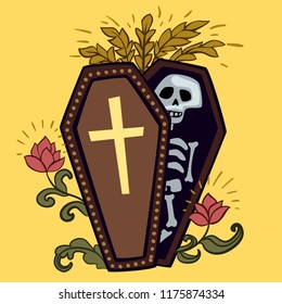Halloween coffin with skeleton. Vector design for prints, tshirts, party posters and banners.