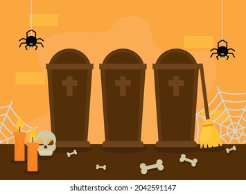 halloween coffins and spiders scene