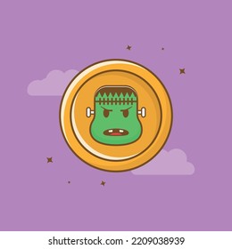 Halloween coin cartoon illustration. frankenstein coin cartoon icon. Halloween money design for kids