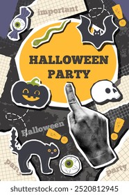 Halloween collage banner with elements stickers and Halloween party announcement. Halloween background. Halloween concept.