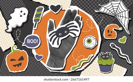 Anuncio de collage de Halloween con Elementos de pegatinas y foto de la mano humana que sostiene la araña. Fondo de Halloween. Concepto de Halloween. Ilustración plana de Vector.
