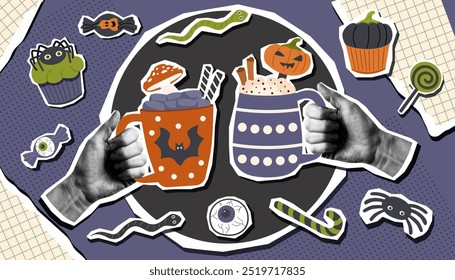 Halloween collage banner with Halloween sweets and mugs in human hands. Halloween background. Halloween concept.