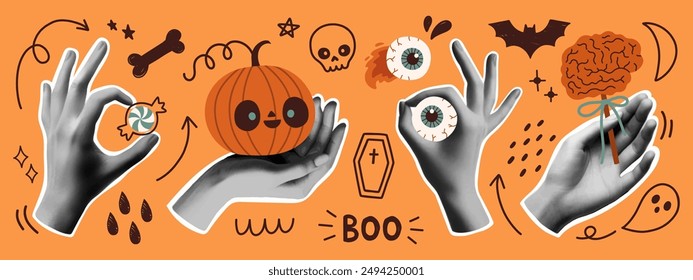 Halloween collage banner template for media design. Spooky modern cut out elements and doodles. Trendy pop art vector