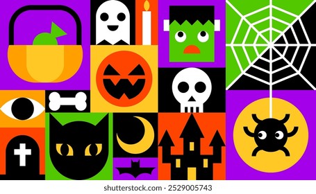 Halloween Collage with Colorful Halloween Elements Icons Vector Illustration