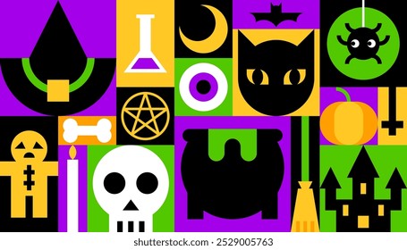 Halloween Collage with Colorful Halloween Elements Icons Vector Illustration