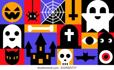 Halloween Collage with Colorful Halloween Elements Icons Vector Illustration