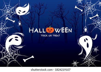 Halloween collage of ghosts, cobwebs and spiders, bones, trees silhouettes on the dark background, hand-drawn.