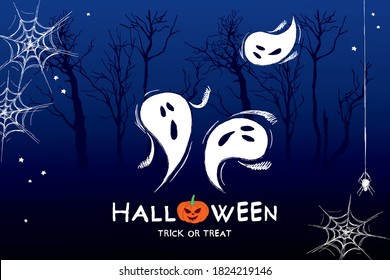 Halloween collage of ghosts, cobwebs and spiders, trees silhouettes on the dark background, hand-drawn.