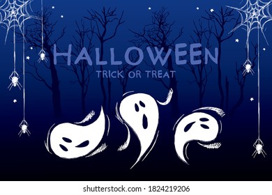 Halloween collage of ghosts, cobwebs and spiders, trees silhouettes on the dark background, hand-drawn.