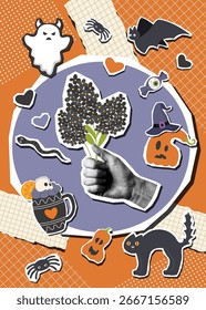 Cartaz de colagem de Halloween com elementos de adesivos e foto de mão humana segurando flores pretas. Contexto do conceito de Halloween. Modelo plano vetorial.