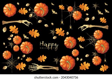 Halloween collage with pumpkins, gossamers, leaves, bats and hand bones on the dark background, hand-drawn.	
