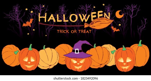 Halloween collage of pumpkins, witch's hat, broom, bats, moon, trees silhouettes on the dark background, hand-drawn.