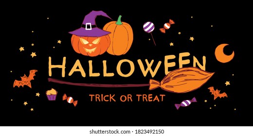 Halloween collage of pumpkins, witch's hat, broom, bats, moon and candies on the dark background, hand-drawn.