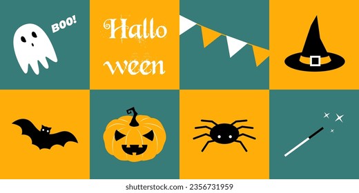 Halloween collage  Vector illustration border and holiday elements  Drawing pumpkin  spider  bat  ghost  Mystical hat   magic wand  Festive text design 