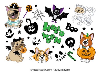 Halloween collection with bat, pumpink and dogs in Halloween costume. Vector cartoon illustration on white background isolated